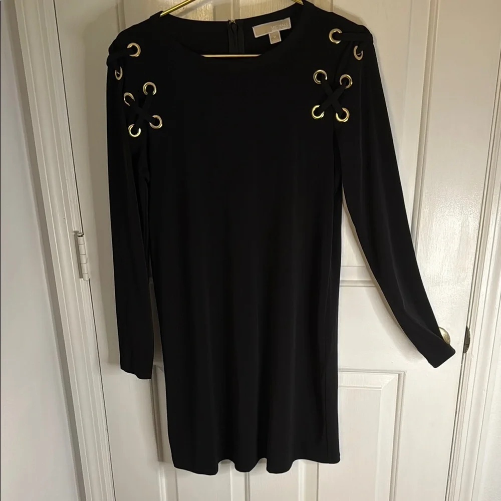 Michael Kors Black and Gold Long Sleeve Stretch Midi Dress, Zipper Back